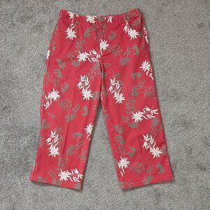 BIRCH HILL Pale Red Floral High Rise Front Zip Stretch Cotton Capris; Size 12